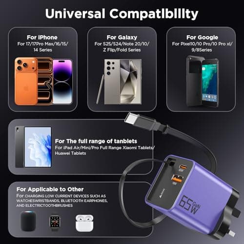 65W GaN USB C Charger 3-Port with Retractable 0.7m Cable(Purple) — view 6