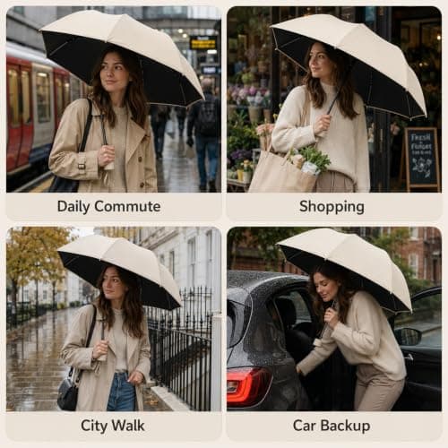 WHJYCC Mini Travel Umbrella, UPF 50+, 6-Rib, Beige, with Zip Case — view 5