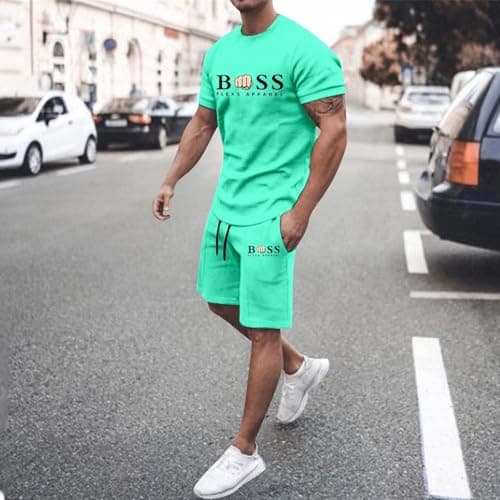 Bauzuoyo 2-Piece Men's Summer Short Jogging Suit, Baggy Tracksuit, Shorts and T-Shirt Set, 2-Piece Sports Suit, Fitness Clothing, Gym Tracksuit, Streetwear, Hawaii, Beach, Travel, Mint green, M — view 3