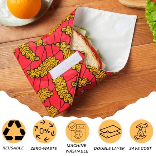 Reusable Sandwich Wrap - Washable, Leakproof, Double-Layered, Fabric, Foldable, Space Saver Sandwich Bag - Zero Waste Alternative to Cling Film, Aluminium Foil, Plastic Containers. (Red) — view 2