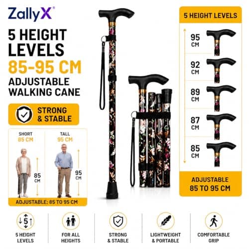 ZallyX Foldable Walking Sticks for Men & Women, 85–95cm Adjustable Ladies Walking Stick, Mobility aids, Collapsible walking stick For Elderly Adults (Black Flower) — view 6