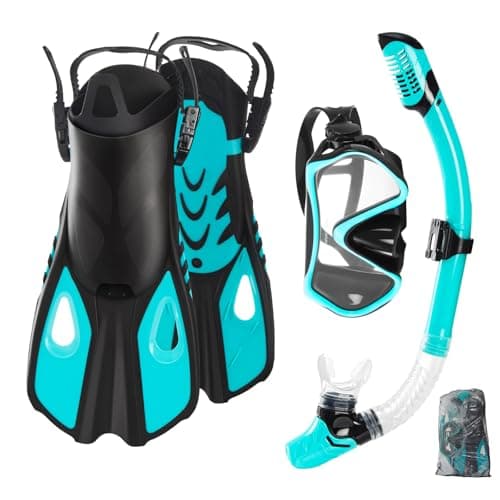 Snorkel Set Adults with Flippers, Snorkel Mask with Adjustable Open-Heel Swim Fins, Snorkeling Packages with Carrying Bag for Beginners and Snorkelers for Pool, Beach & Travel (Blue, L/XL)