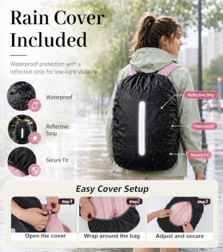 FIORETTO Backpack Womens School Bag Girls Boys, Lightweight Water-Resistant Fits 15.6” Laptop Large Capacity Rucksack with Rain Cover, Ideal for School College Commuting Travel Pink — view 3