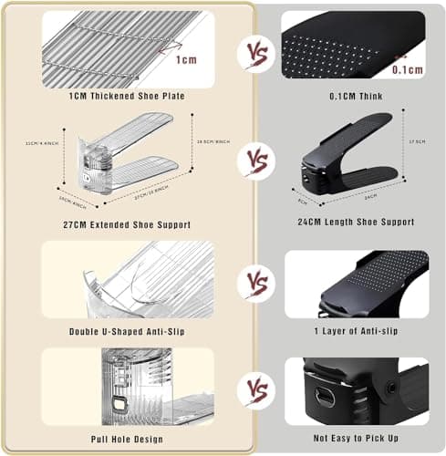 Pack of 12 Pcs Acrylic Shoe Slot Organiser Storage with Size 25.4x9.5x7cm- Adjustable 3-Level Height - Non-Slip Space Saver Shoe Storage Organiser- Shoe Stacker for All Shoe Styles (Gold) — view 5