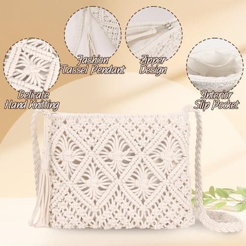 Sahunfri Straw Crossbody Bag for Women Bohemian Shoulder Bag Woven Crochet Purse For Summer Beach Travel Clutch Handbag (White) — view 4