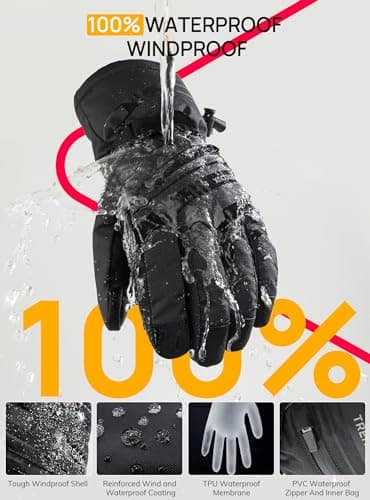 TRENDOUX Waterproof Gloves, Ski Wind proof Thermal Winter Gloves Mens Ladies, Thick Gloves Uk Snow Fleece liner, 3M Thinsulate insulated Phone Gloves for Hiking Driving Sports Football - Black M — view 4