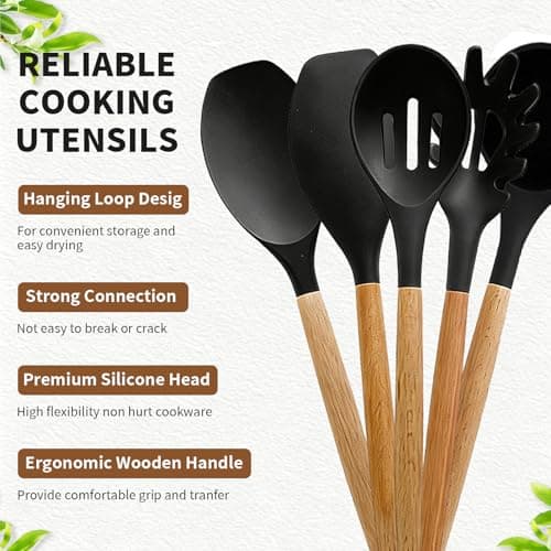 Senshuomy 12 PCS Kitchen Utensil Set, Silicone Cooking Utensils Set with Wooden Handle for Utensils BPA Free, Heat Resistant, Nonstick Cookware Tongs Spatula Spoon Set, Dishwasher Safe (Black) — view 3