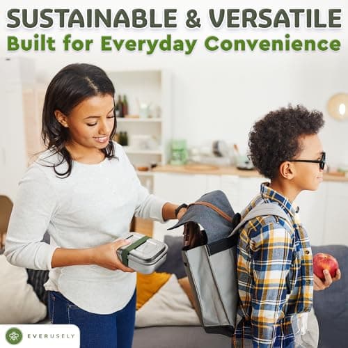 Everusely - Bento Box - Sage, 47oz / 1.4 L - Large Stainless Steel Lunch Box with Leakproof Condiment Container - 3 Compartment Snack Container Office Meals - Freezer & Dishwasher Safe — view 4