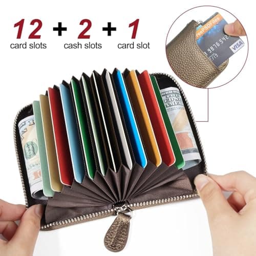 GADIEMKENSD Women Credit Card Holder Small RFID Wallet Zipper for Travel Leather Accordion Wallets Inserts Case Photo Business Cards Organizer Cute Compact Credit Card Slot Cash Slots Bronze — view 2