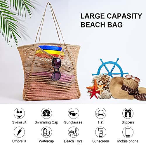 flintronic Mesh Beach Bag, Summer Beach Bag Oversized Ladies Tote Bag Shoulder Bag with Zipper Pockets Mesh Nylon Bag, Perfect for Beach Party Travel Picnic Vacation Shopping - Brown — view 5