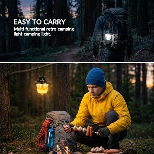 Camping Lantern Rechargeable, Portable Retro Camping Light, Dimmable Tent Light Battery Powered, Hanging Tent Light for Caming, 3 Modes, Waterproof,Hanging Lamp for Power Cuts, Garden, Fishing, Black — view 6