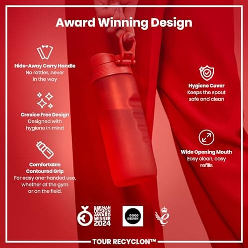 ION8 Sports Water Bottle, 750 ml/24 oz, Leak Proof, Easy to Open, Secure Lock, Dishwasher Safe, BPA Free, Flip Cover, Carry Handle, Soft Touch Contoured Grip, Easy Clean, Odour Free, Red — view 6