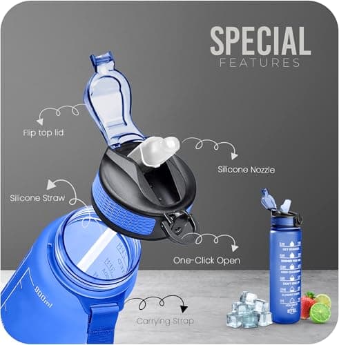 Roe Tenpo Sports Water Bottle with Straw and Time Marking, and 32OZ Capacity - Motivational and Eco-Friendly BPA-Free Bottle for Running, Gym, Yoga, Outdoors, and Camping (Style-1, Blue) — view 3