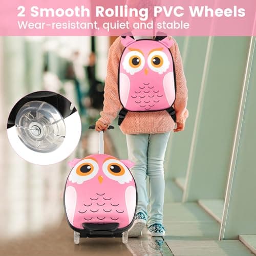 HOMFME 2 PCS Kids Luggage Set, Children Suitcase and Backpack Set with Adjustable Handle and Universal Wheels, Hard Shell Toddler Trolley Case for Travel School (12 + 16 Inch, Pink Owl) — view 5