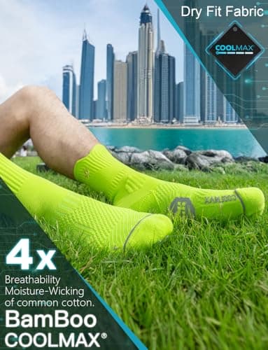 Juclise Compression Running Crew Socks Coolmax Bamboo Moisture Wicking Cushioned Anti-Blister Walking Hiking Tennis sports trainer gym golf support Neon Green 8-12 — view 4