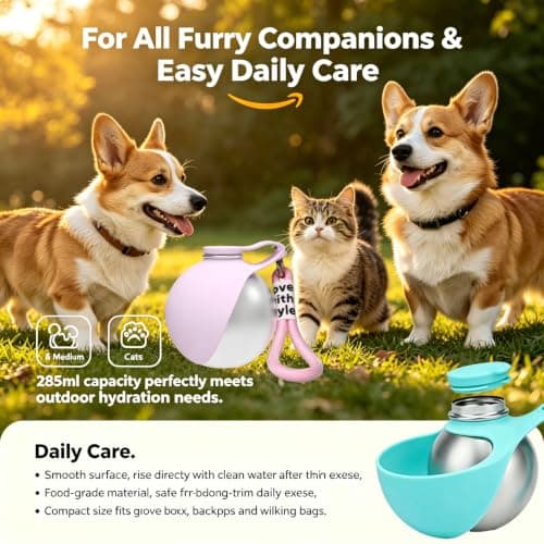 2-in-1 Portable Dog Water Bottle 285ml, Stainless Steel Pet Water Dispenser — view 3