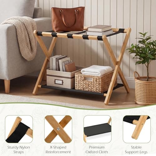 COSTWAY Bamboo Luggage Racks Set of 2, Folding Suitcase Stand with Straps and Oxford Cloth Storage Shelves, Portable Backpack Luggage Holder for Guest Room, Bedroom, Hotel, 68x46x53cm (Natural+Black) — view 6