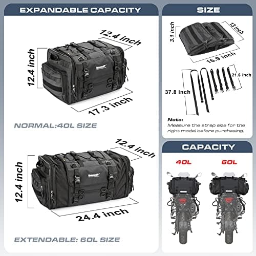 Rhinowalk Motorcycle Tail Bag - 40-60L Expandable Motorbike Helmet Bag with Waterproof Rain Cover — view 2