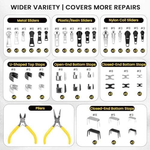 Kyteazr 150pcs Universal Zipper Repair Kit with 2 Pliers – All-in-One Zip Replacement for Jackets, Bags & Tents – Fits #3, #5, #8 Metal, Nylon & Resin Zips — view 2