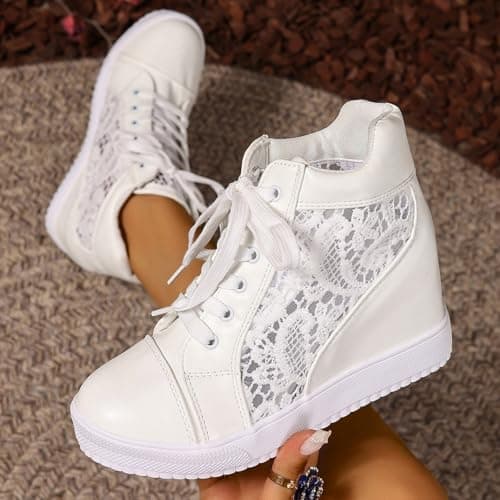 UK 6 White Wedge Sneakers for Bride Women Hidden Heel Ankle High Top Platform Walking Shoes Lace Tennis Sneakers Fashion Bride Wedding Shoes Full White — view 3