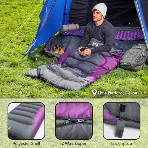 Trail Alpine 250 XL Sleeping Bag with Hood (L230cm x W100cm), Large Extra Wide Envelope Sleeping Bag, 2 to 3 Season Camping, Lightweight, Water Resistant, Polycotton Liner, Compression Bag (Purple) — view 5