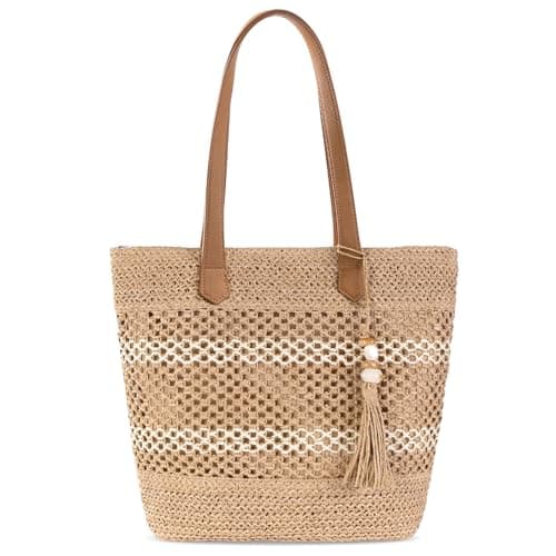 CorkAllin Straw Beach Tote Bag for Women - Woven Raffia Summer Bag, Lightweight Foldable with Zipper Pocket for Travel Picnic Shopping (A-Brown)