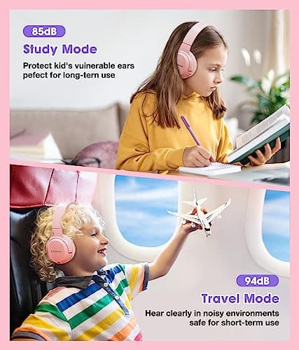 KONNAO Kids Headphones Wireless 60H, Foldable On Ear Headphone with MIC, Volume Limiter 85dB/94dB Wireless & Wired Headphones, Over-Ear Headphone for Kid Adult School Online Class Travel, Pink — view 2