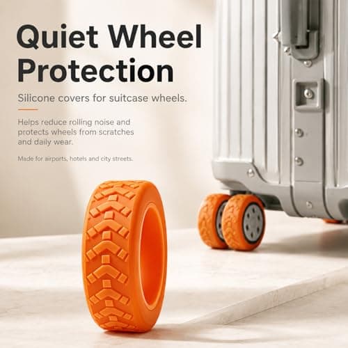 UMEGMBX 8 Pcs Luggage Wheel Protectors 5.5cm, Orange Silicone Suitcase Wheel Covers Anti Scratch Wear Resistant for Travel Luggage Accessories, Noise Reducing Wheel Protector for Suitcase Wheels — view 3