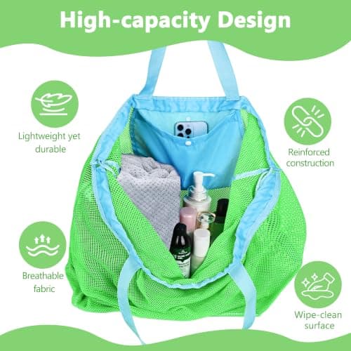 LAHAQIQI Extra Large Mesh Beach Toy Tote Bag with Drawstring- Foldable Lightweight Swimming Travel & Summer Essentials for Women Kids (Green) — view 5