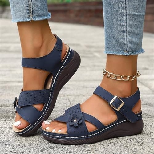Orthopedic Sandals for Women UK Plantar Fasciitis Comfort Wedge Sandals Open Toe Ankle Strap Sandal Summer Wide Fit Cushion Walking Shoes Ladies Casual Summer Sandal with Arch Support 2-Navy, 5 — view 2