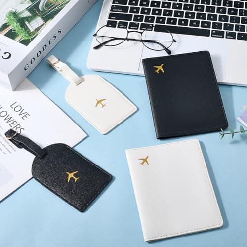 CALFOVERA 4PCS Mr and Mrs PU Leather Passport Covers Luggage Tags Honeymoon Plane Travel Holder Set Card Holder Books Case Protector Sleeve with Suitcase Travel ID Labels Black White for Couples Gift — view 3