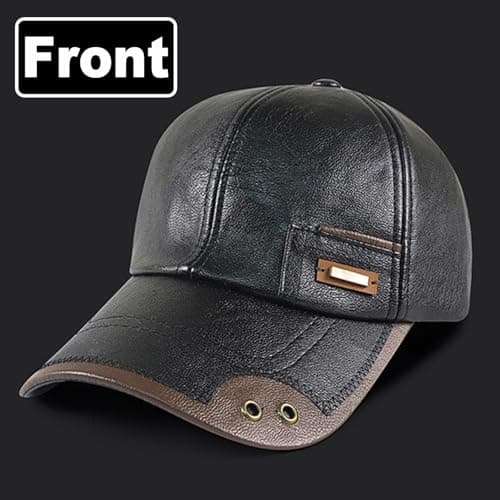 Warm Leather Baseball Cap, Mens Windproof Waterproof Genuine Leather Shell Fleece Lining Adjustable Hat Fall Winter (Black) — view 3
