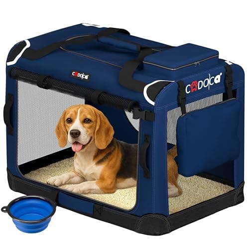 CADOCA Dog Crate Carrier, Car Foldable Travel Cage + Bowl, L Navy Blue