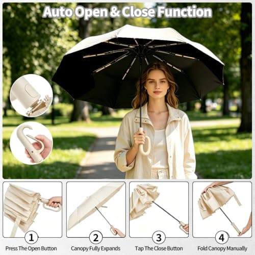 NKFBEV Travel Umbrella with Carabiner Handle, Windproof Umbrella for Rain and Sun, 10 Ribs, Auto Open Close, UV Protection, Compact Portable, Travel Umbrella Compact for Women Men Kids (Off-white) — view 4