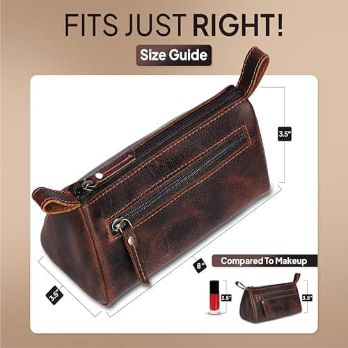 TheAntiq Leather Toiletry Bag Travel Dopp Kit for Men & Women Leather Makeup Organiser with Zipper Compartments Compact Travel Pouch Brown 8x3.5x3.5 Inch — view 2