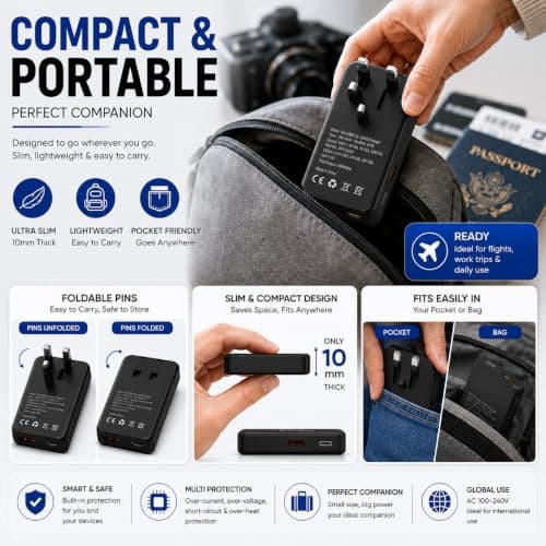 45W USB C Charger, Ultra Slim USB C PD & USB A QC 3.0 Fast Charger, Dual Port Folding UK Plug Power Adapter, Portable Wall Charger for iPhone, for i-Pads,for Samsang & Android Phones — view 6