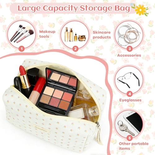Travel Toiletry Bag, Cotton Floral Travel Makeup Bag, Portable Cosmetic Bag, Traveling Makeup Storage Bag for Women Girls (Flower-Beige) — view 4
