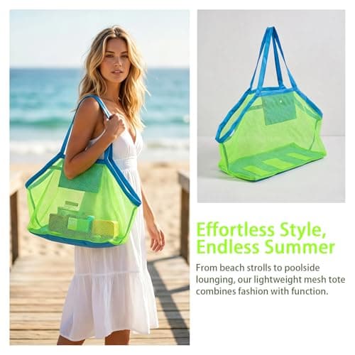 Large Mesh Beach Bag, 30L Foldable Mesh Swimming Bag for Outdoor, Quick-Dry Sandproof Summer Net Beach Bags for Kids Children Large Capacity Storage Bag (16×15 x 12 in) Green — view 2