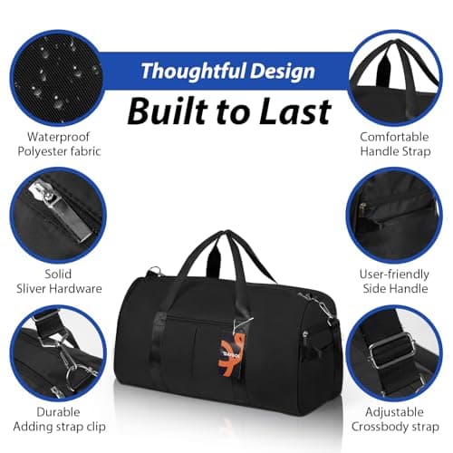 DAYGOS Gym Sports Duffle Bag for Men - Waterproof Travel Duffel Holdall Bag with Wet Pocket and Shoes Compartment, 40L Carry on Overnight Weekend for Women, Black — view 6