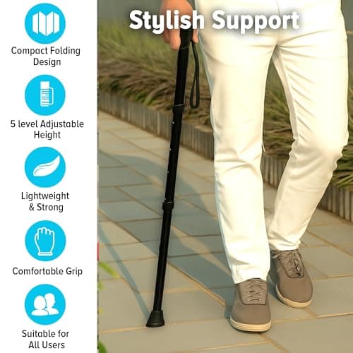 Life Healthcare Folding Walking Stick, Adjustable Aluminium Cane, Black — view 6