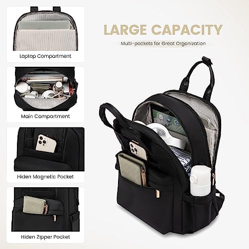 LOVEVOOK Backpack Womens, 15.6 inch Laptop Rucksack Bag for Women, Waterproof Ladies Backpacks Large School Bags with USB Port, Fashion Daypacks Back Pack for Uni College Work Travel, Black — view 2