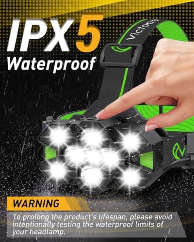 Victoper Rechargeable LED Head Torch, 11 LED 25000 Lumen Headlamp with Motion Sensor, 12+12 Lighting Modes, Waterproof Hands-Free Head Light for Camping, Hiking, Running and Fishing (Green) — view 5