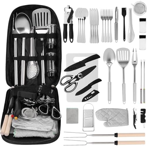 36Pcs Camping Cooking Set, Kitchen Utensils Organizer Travel Set, Camping Cooking Equipment Set for Outdoor Hiking Picnic Trekking BBQ with Cutlery, Seasoning Bottle, Storage Bag,Bottle Opener