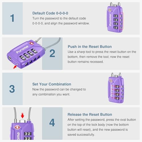 Puroma TSA Approved Luggage Lock, 4 Digit Combination Travel Locks Resettable Code Lock with Zinc Alloy Body for Suitcase, Toolbox, Backpack, Bag, Gym Locker, Basic Purple, Classic — view 6