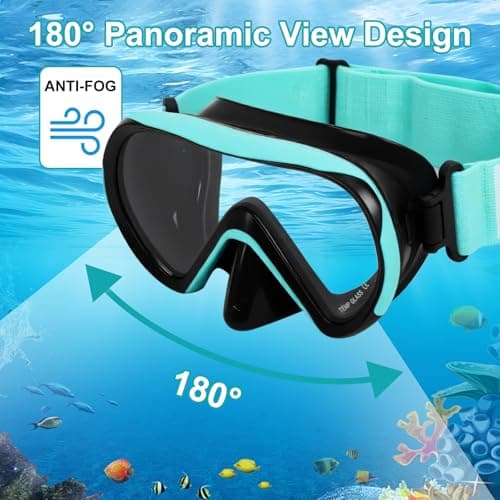 HIKOTEY Snorkel Mask for Kids with Elastic Fabric,180°Panoramic View Diving Mask With Tempered Glass Lenses,Anti-fog,Anti-leak Technology,Swimming Goggles Kids with Nose Cover for Age 4-16 Years(Blue — view 4