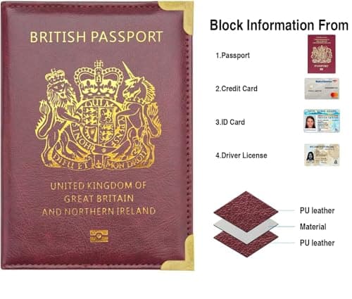 StoneMaxi UK British Passport Holder PU Leather Travel Wallet with Gold Embossed Design (Wine Red) — view 2