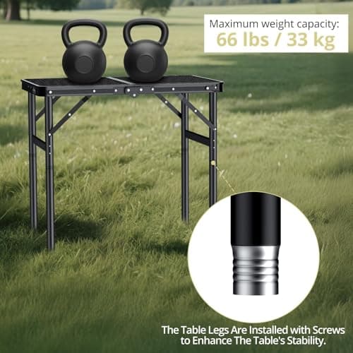Anbte 2ft Folding Grill Table Max 74cm, 3 Adjustable Heights Lightweight Camping Table with Heat-Resistant Mesh Tabletop Portable Handle, Waterproof, for Cooking BBQ Outdoor Indoor, 60 X 40 cm, Black — view 4