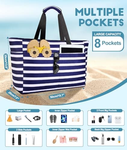 ISEYOU Extra Large Beach Bag, Waterproof Beach Bags with Zip, Lightweight Foldable Beach Tote Bags, Large Capacity Multi-Pocket Beach Bags for Women, Perfect for Pool Shopping Travel Vacation Gym — view 3