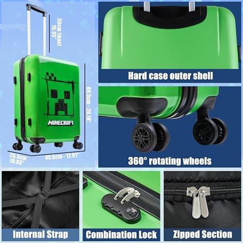 Minecraft Suitcase Kids Teens Creeper Hard Shell Luggage Travel Case 4 Wheels Handle Travel Essentials Holiday School Trips (Green, M/L66.5cm x W45.5-46L) — view 6