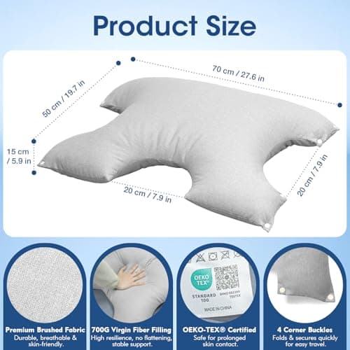 ComfortAce 3-in-1 Travel Neck Pillow for Side/Stomach/Back Sleepers,Foldable Travel Pillow for Airplane&Hotel,Lumbar Support Cushion for Office Chair, OEKO-TEX® Cover with Snap Fasteners for Suitcase — view 3